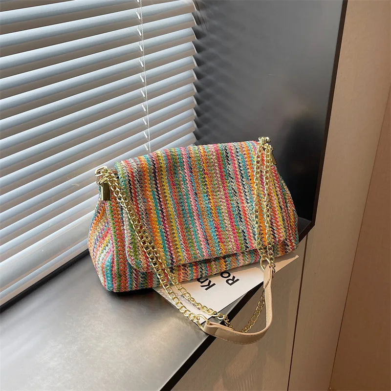 Borsa a tracolla da donna Rainbow 2026 estiva, trendy, con catena intrecciata, chiusura a scatto, semplice, casual, per tutti i giorni, shopper