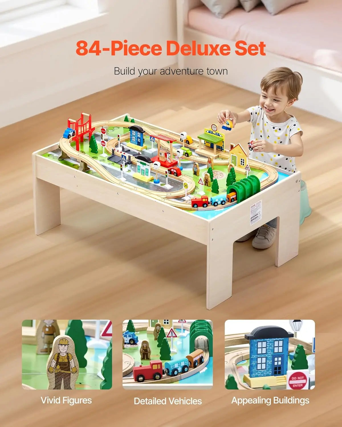 Tavolo da treno, tavolo da attività per bambini in legno da 84 pezzi multicolori con contenitore portaoggetti pieghevole, set di treni in legno 3 in 1 per giochi, D