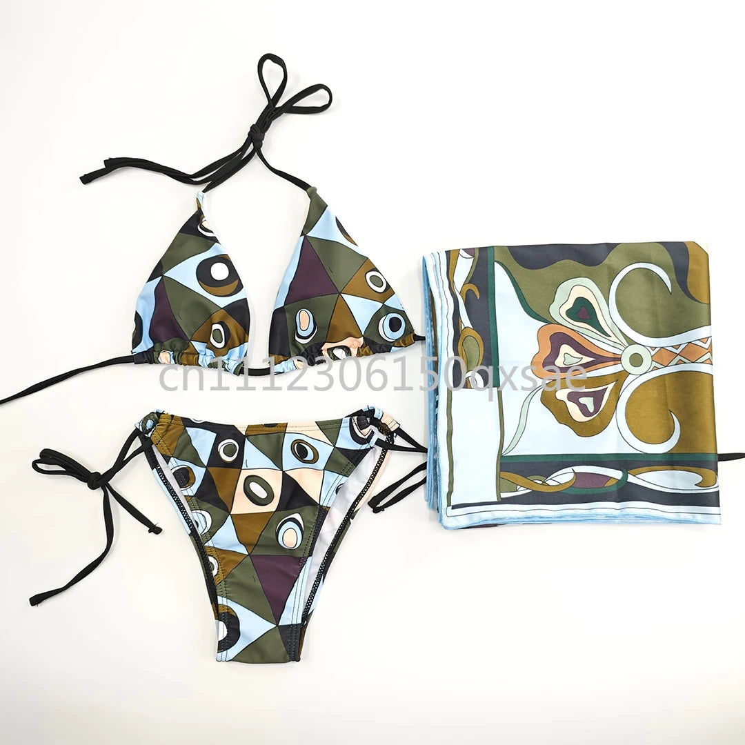 Costumi da bagno da donna rosa con foulard e logo a lettere, set bikini con foulard e fascia per capelli, abbigliamento da spiaggia