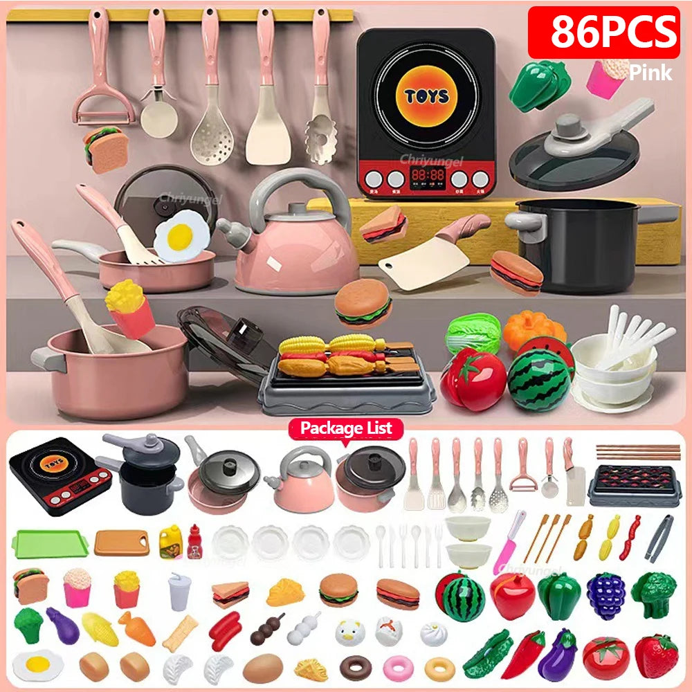 Set di giocattoli da cucina per bambini 92/86/69/59 pezzi Kit di accessori da cucina da gioco con pentole da gioco Fai finta di cibo Giocattolo da cucina Regalo per ragazze e ragazzi