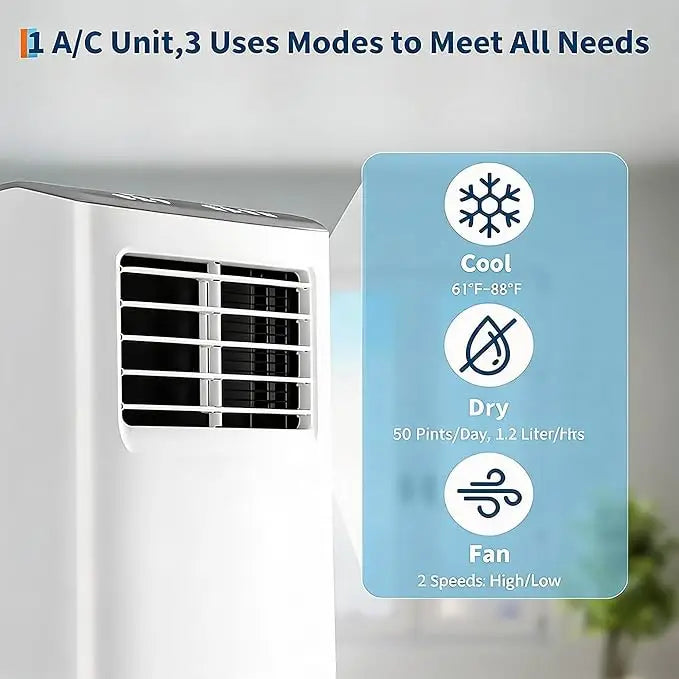 Condizionatore d'aria portatile da 8.000 BTU, raffredda ambienti fino a 350 piedi quadrati, unità AC 3 in 1 con deumidificatore e modalità ventola, modalità sleep con bassa rumorosità, include kit per finestra facile da i