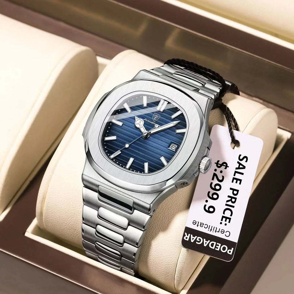 Watch for Men Stainless Steel Square Waterproof Quartz (Blue)-3