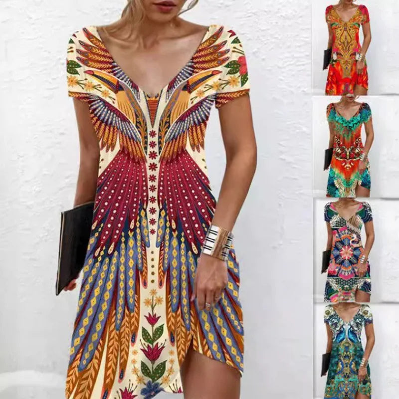 Abiti da donna 2026 estivi casual con stampa floreale e geometrica, vestito lungo a maniche corte, abbigliamento femminile, vestiti