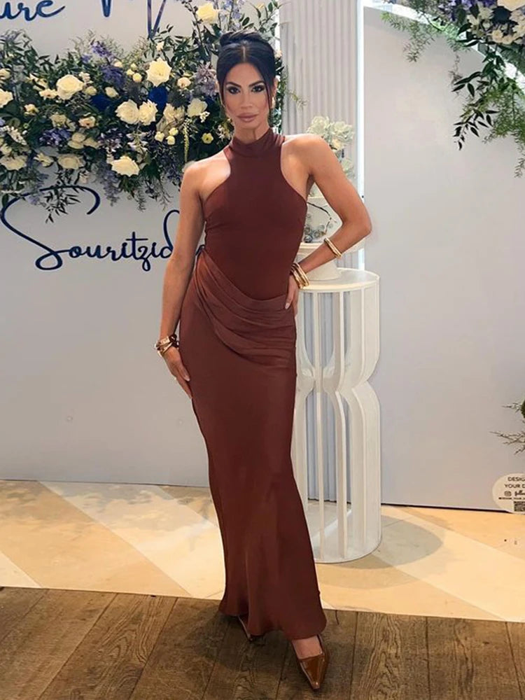 JULISSA MO Abito lungo da donna sexy scollato in raso Abito lungo nero senza maniche a vita alta Donna Autunno Skinny Elegante Party Clubwear