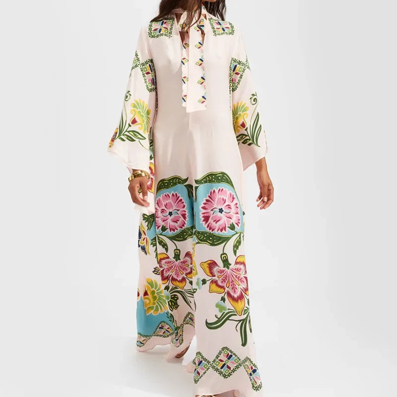 Elegante Abito Lungo a Maniche Lunghe per Feste, Vestito Vintage con Stampa Floreale, Abito Bohémien da Donna con Collo Alto e Vita Alta
