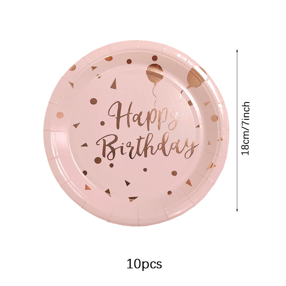 Set di stoviglie usa e getta per compleanno Rosa Oro rosa Piatti bianchi Tazze Tovaglioli Tovaglia Decorazione festa di compleanno per ragazza Baby Shower