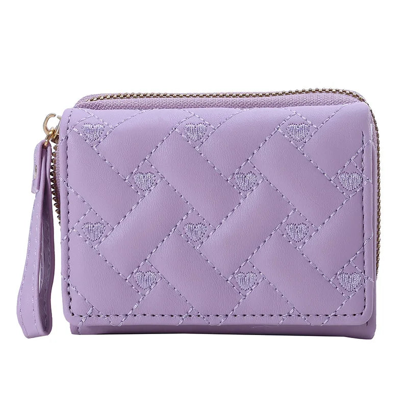 Portafoglio da donna per pelle PU moda ricamato amore tri-fold piccolo portafoglio porta carte portamonete multi-slot per carte interno rosa