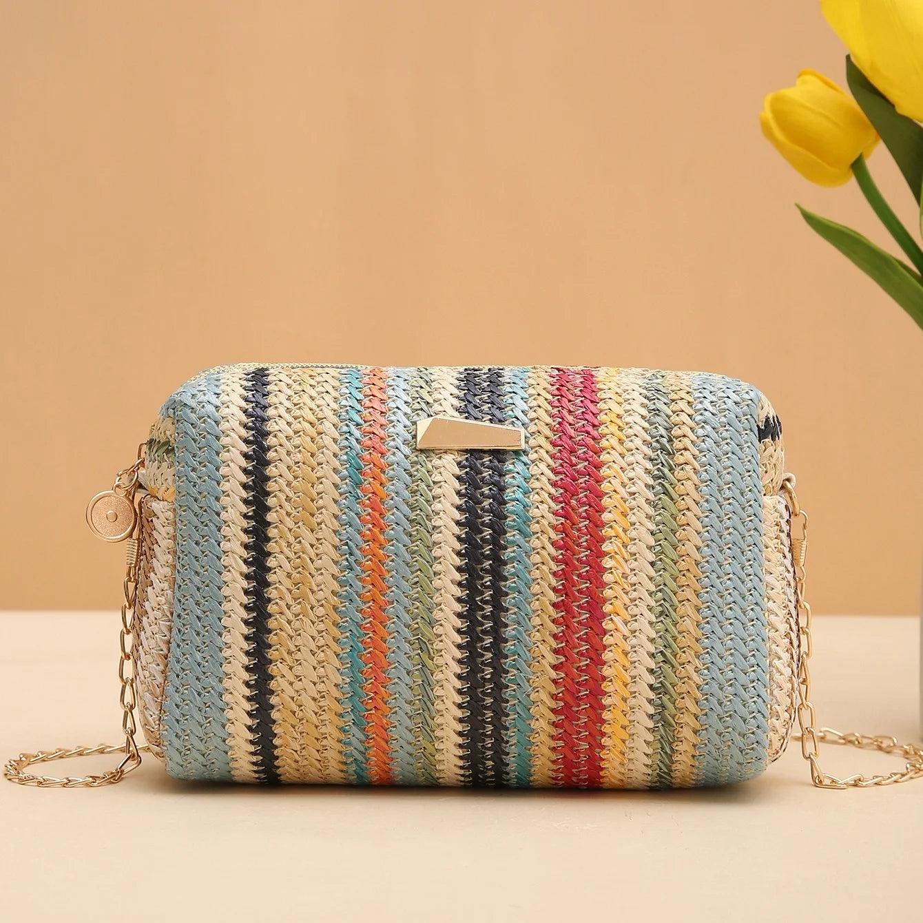 Borsa tessuta erba colorata borsa quadrata intrecciata 2024 borsa a tracolla Versatile per ragazza borsa arcobaleno
