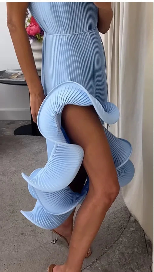 Elegante Abito Lungo Giallo Halter da Donna Senza Maniche con Balze Irregolari e Spacco Alto, Vestito Aderente Romantico per Ospiti di Matrimoni e Feste 2026