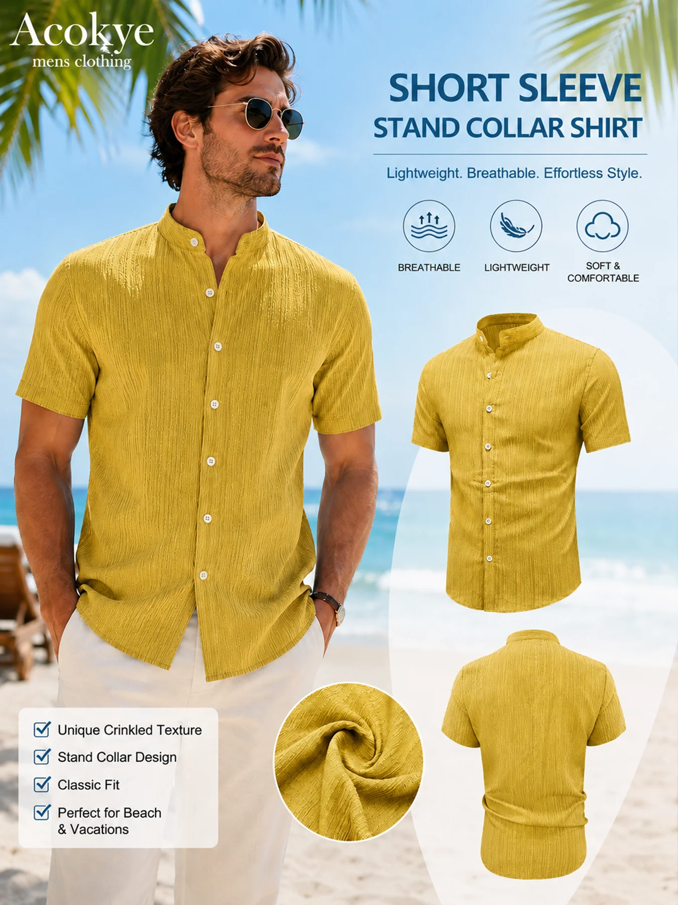 Camicia da uomo a maniche corte con colletto alla coreana – Camicia testurizzata slim fit con bottoni, camicia traspirante casual estiva da spiaggia per uomo