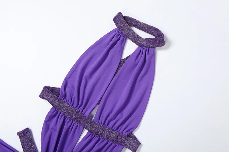 Abito lungo da donna sexy Halter scava fuori senza schienale senza maniche increspato abiti lunghi da sera Party Chic Robe verde viola estivo