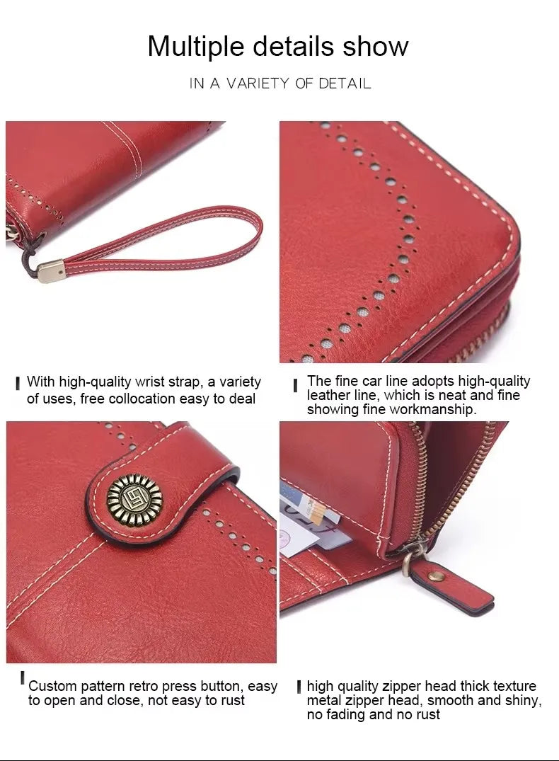 Borsa a mano in pelle cerata con blocco RFID, porta carte di credito multifunzionale a doppia piega, portafoglio da donna lungo retrò di grande capacità