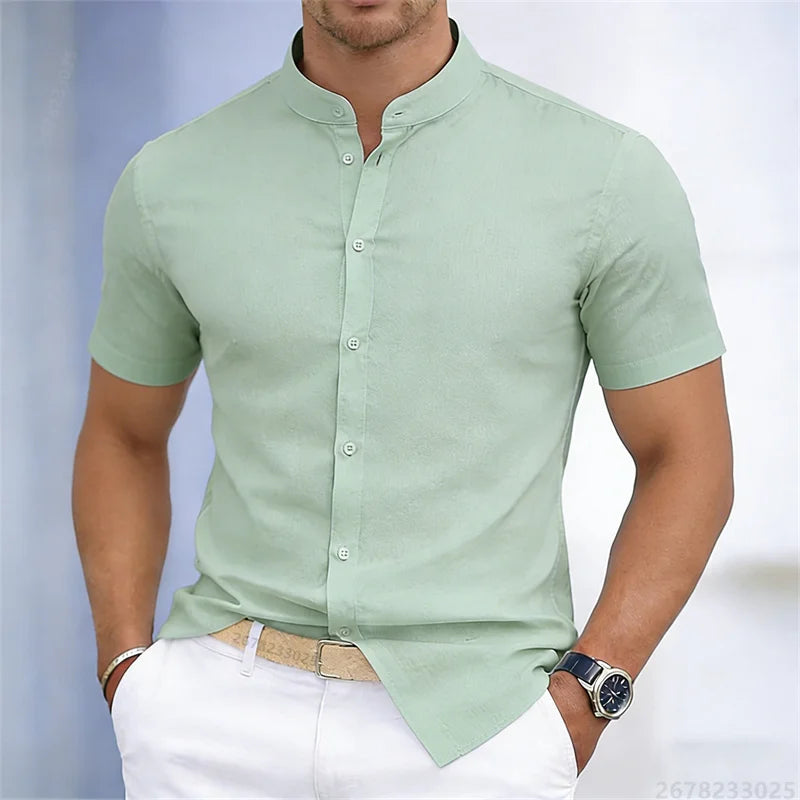 Camicia da uomo a maniche corte con colletto rialzato, bianca o nera, tinta unita, vestibilità slim, top da uomo business casual, taglie XS-6XL.