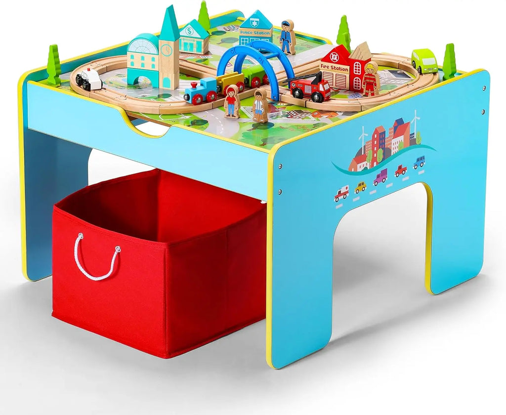 Tavolo da treno in legno, tavolo da attività 2 in 1 per bambini, set di treni in legno con scatola portaoggetti, regalo per bambini piccoli, ragazzi e ragazze