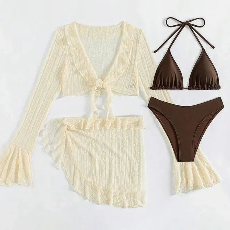 Set bikini da donna in pizzo trasparente con top a triangolo allacciato al collo e gonna da spiaggia con volant - Elegante costume da bagno per le vacanze estive al mare