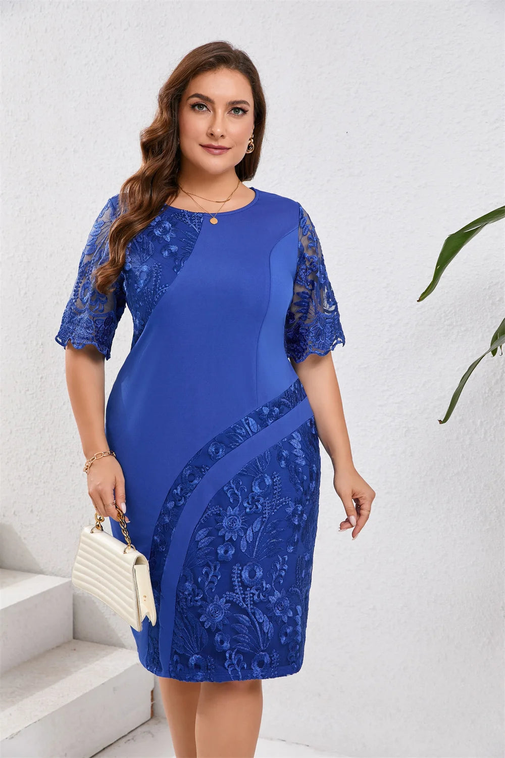 GIBSIE Plus Size Pizzo ricamato Mezza manica O-Collo Abito da donna Estate Autunno Cocktail Party Elegante aderente Abiti longuette