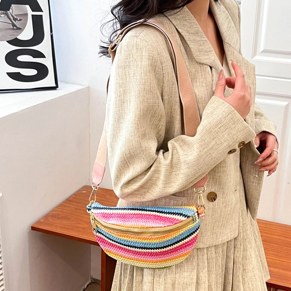 Marsupio a righe arcobaleno, marsupio da donna alla moda, borsa a tracolla intrecciata, casual, con tracolla regolabile, semplice, portatile, colorato, per weekend e vacanze