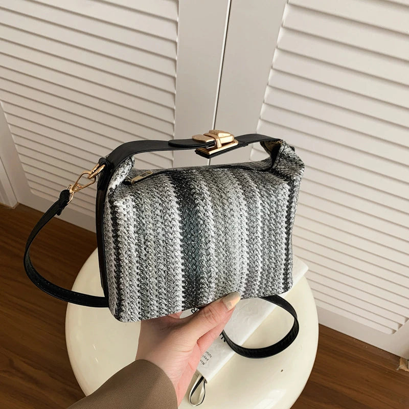 Borsa a tracolla a tracolla in tessuto colorato, borsa a tracolla da donna in stile etnico con griglia di colore a contrasto arcobaleno, pochette in paglia di rafia Boho