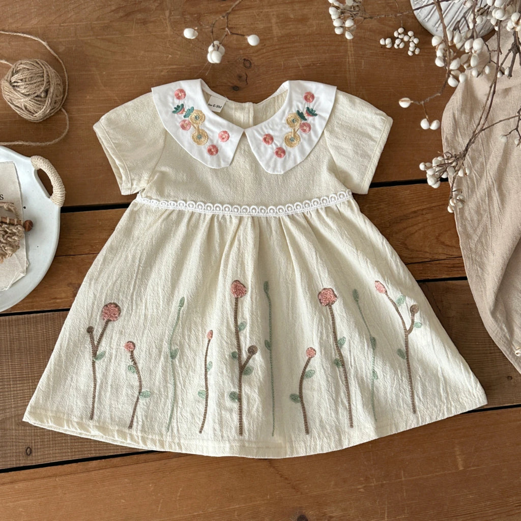 Abito estivo in puro cotone per bambina, grazioso vestito da principessa con colletto a bambola e ricami floreali per neonate da 0 a 3 anni