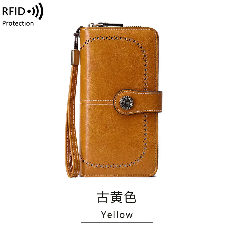 Borsa a mano in pelle cerata con blocco RFID, porta carte di credito multifunzionale a doppia piega, portafoglio da donna lungo retrò di grande capacità