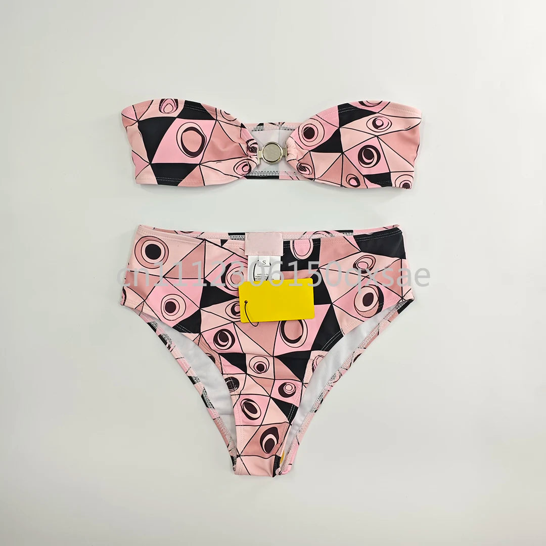 Costumi da bagno da donna rosa con foulard e logo a lettere, set bikini con foulard e fascia per capelli, abbigliamento da spiaggia