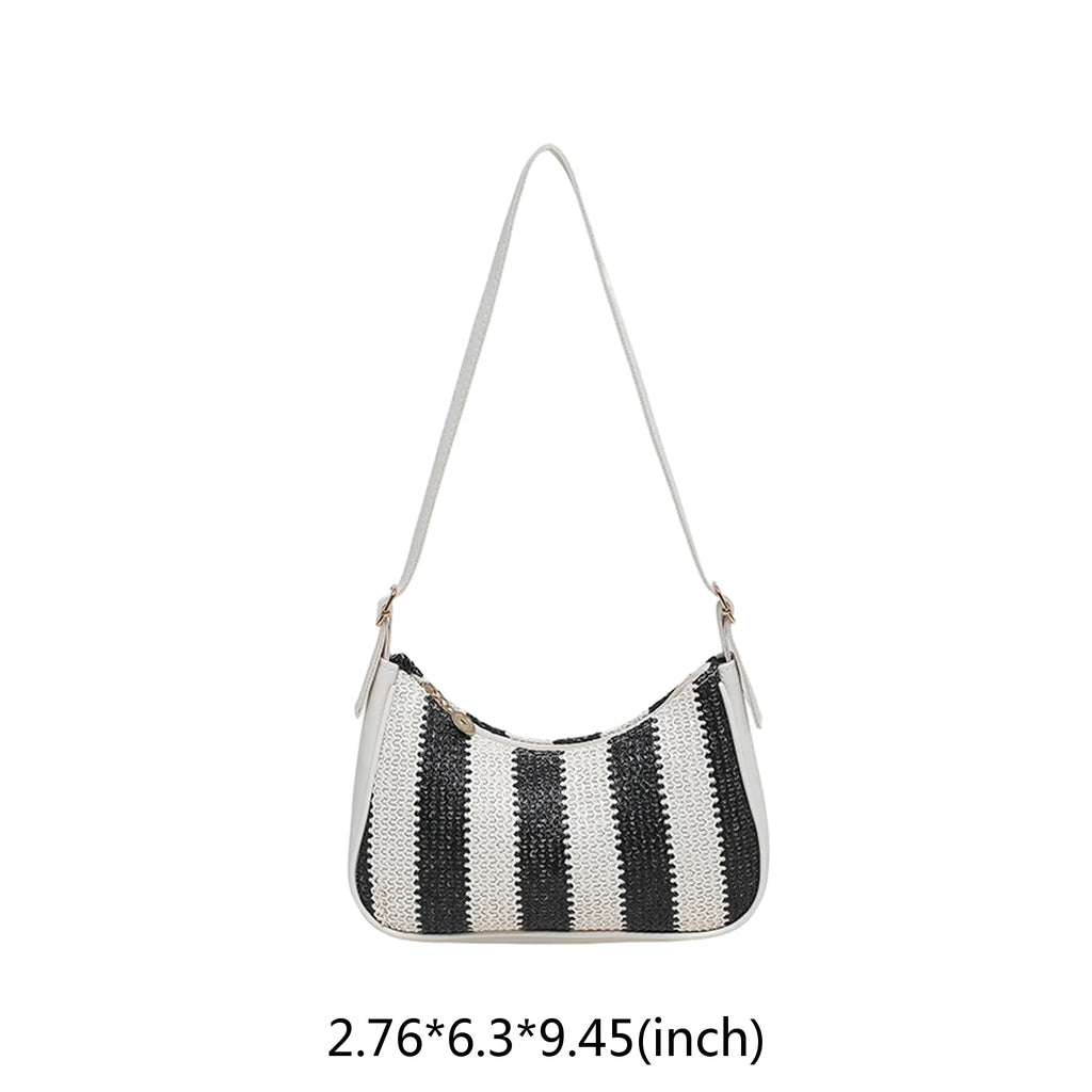 Borse a Spalla da Donna a Righe in Paglia, Borsa a Tracolla in Rattan Intrecciato con Cerniera, Pochette Hobo Femminile
