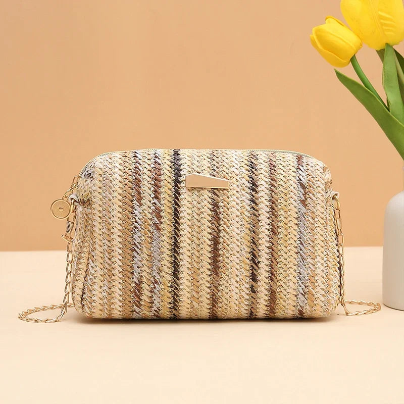 Borsa di paglia da donna in maglia di Rattan borsa da spiaggia con catena estiva piccola borsa e borsa a tracolla da donna borsa a tracolla con Design da viaggio