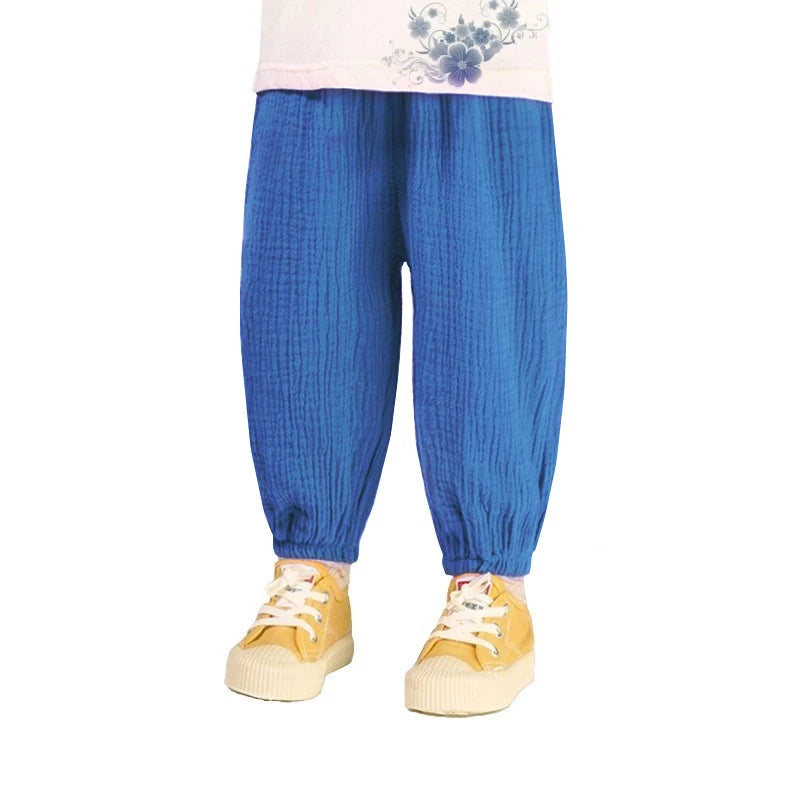 Pantaloni estivi per bambini coreani Pantaloni casual per ragazze Ragazzi in cotone e lino Tinta unita Pantaloni larghi a pieghe Pantaloni Harem a vita alta per ragazze
