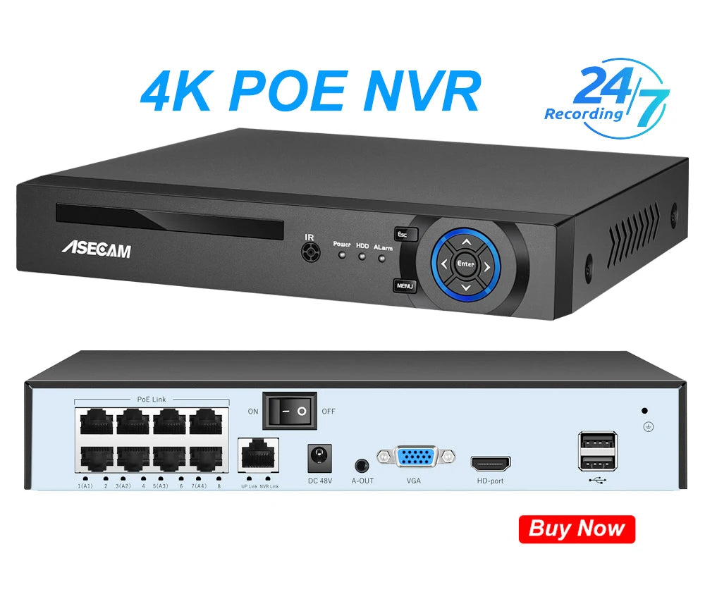 ASECAM 4K 8MP IP Camera Outdoor CCTV POE Audio H.265 Onvif AI Human Detection Color Light Alarm Security Surveillance Camera
