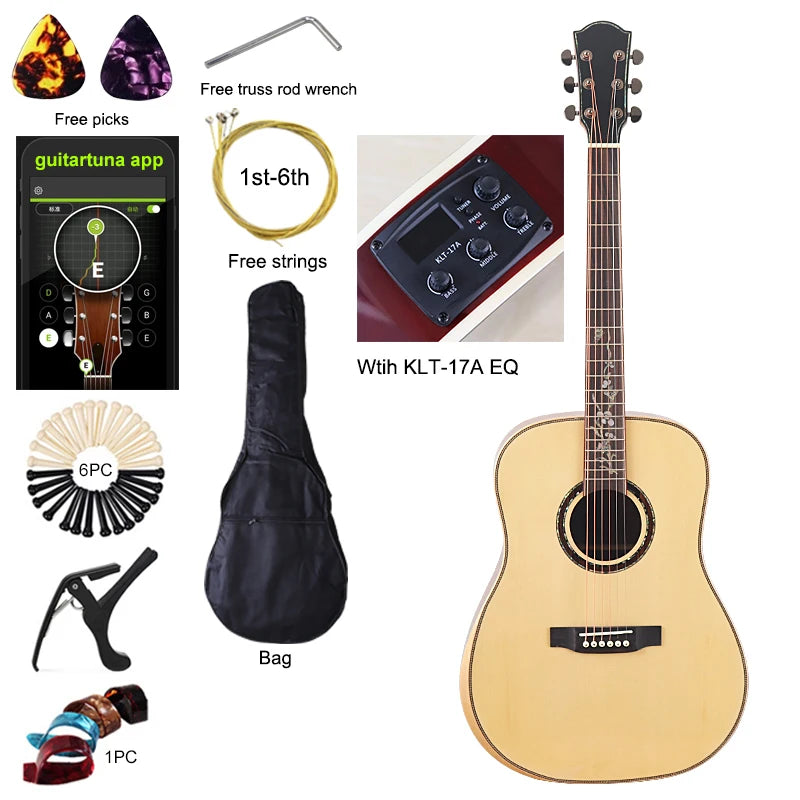 Chitarra acustica elettrica da 40 pollici a 6 corde Colore naturale Colore marrone Chitarra folk di alta qualità con parte superiore in legno massello di abete rosso