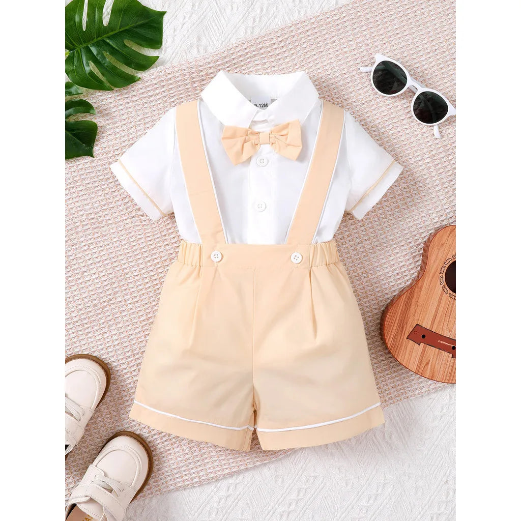 0-3 anni bambino ragazzi formale 2 pezzi set di abbigliamento camicia a maniche corte con papillon con complessivo per bambino ragazzo matrimonio e festa di compleanno vestito