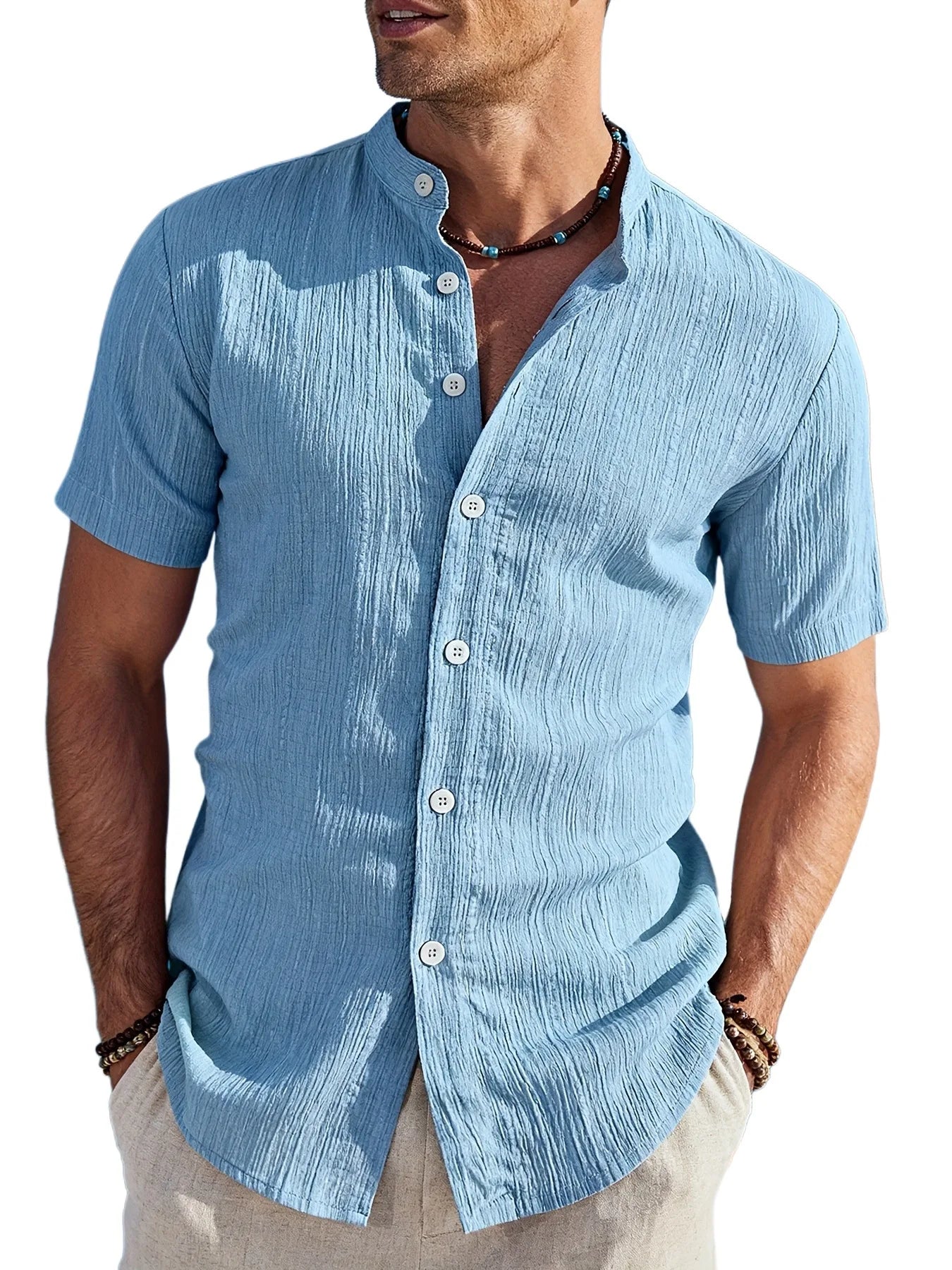 Camicia da uomo a maniche corte con colletto rialzato, testurizzata, traspirante, casual, estiva