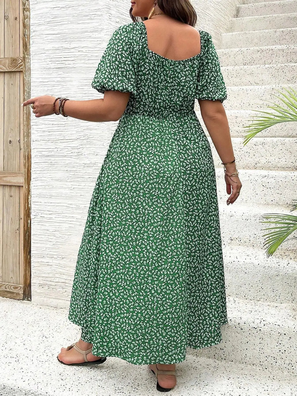 【Plus Size】Abito con scollo quadrato con stampa floreale Ditsy, abito casual alla moda a maniche lunghe per l'uso quotidiano all'aperto, abbigliamento da donna plus size