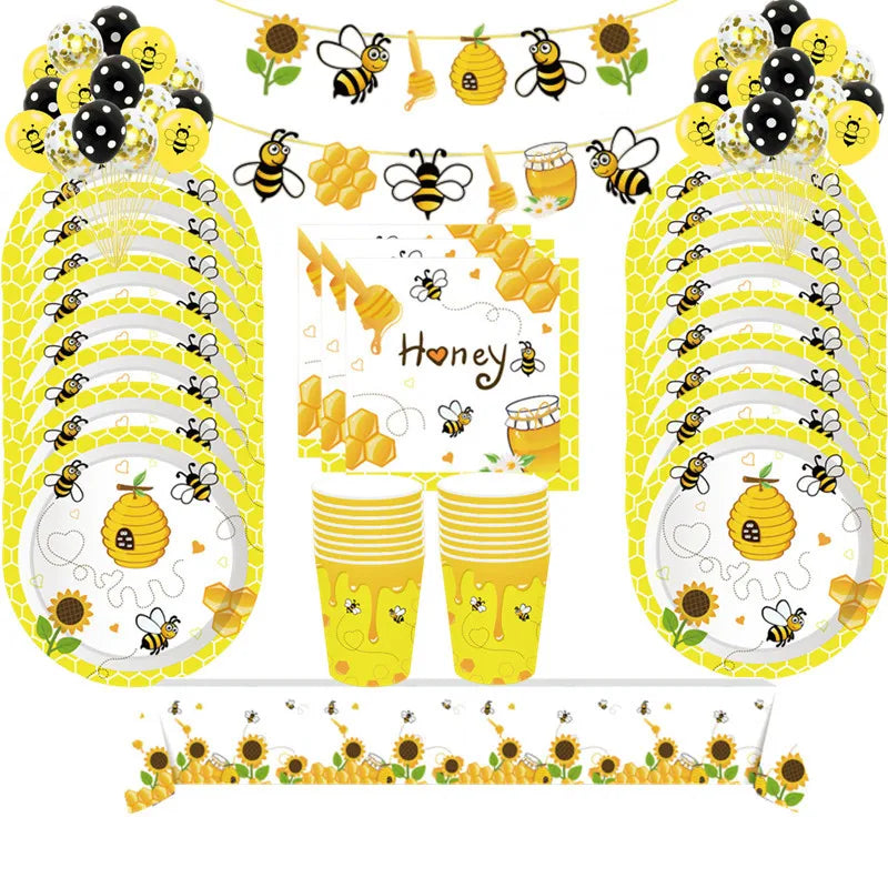 Honey Bee Decorazioni per feste di compleanno per bambini Set di stoviglie usa e getta Tovaglia Piatto di carta Tazza Palloncino Baby Shower Forniture fai da te