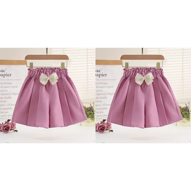 1/2/3 Pezzi Pantaloncini Larghi Estivi per Ragazze, Abbigliamento Casual da Esterno, Pantaloncini Sottili Traspiranti, Gonnellino con Fiocco, Abbigliamento Moda Bambina