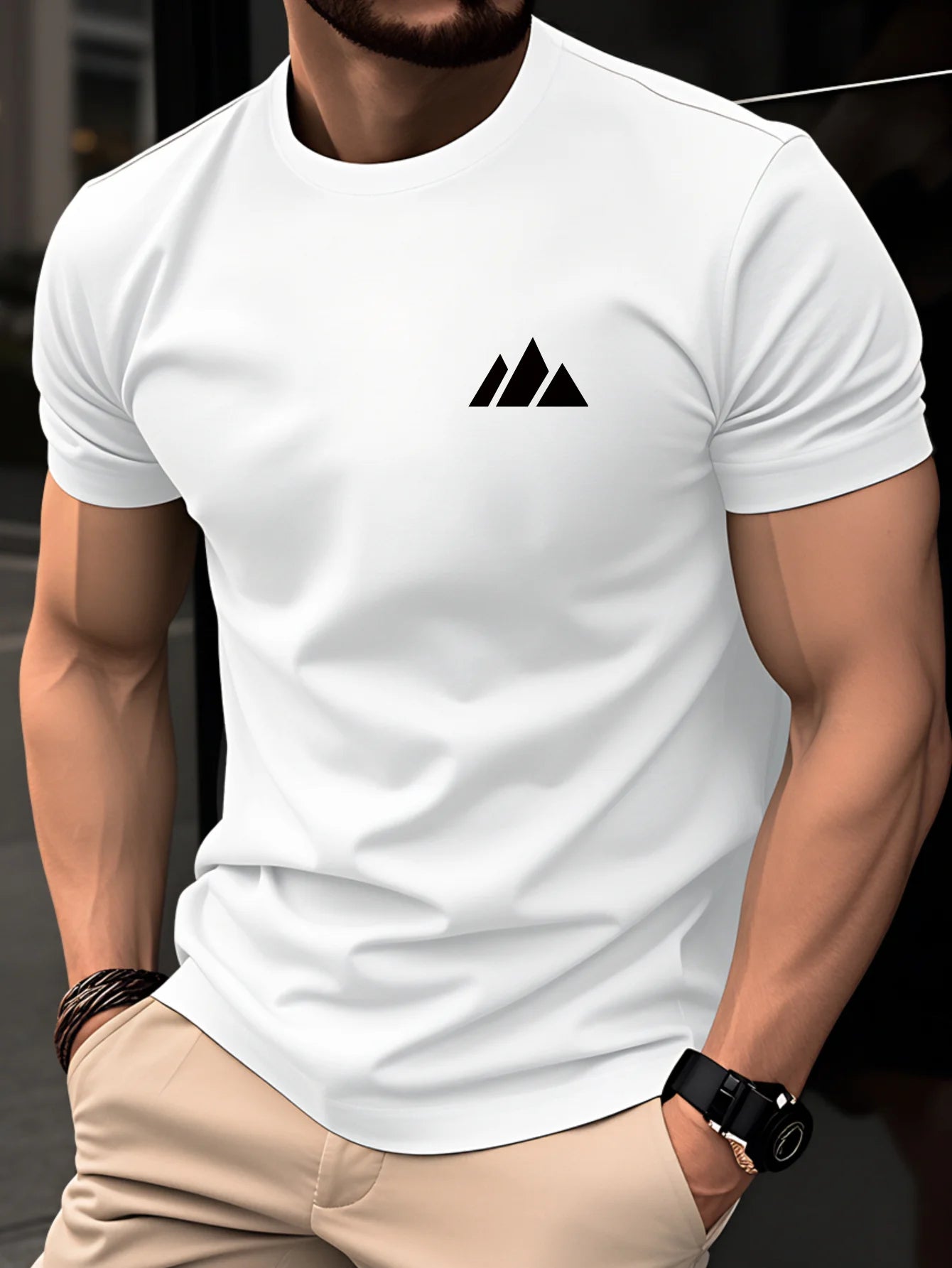 T-shirt da uomo in cotone 100% alla moda, casual, traspirante, semplice, con motivo geometrico a triangoli, estivo, a maniche corte, girocollo
