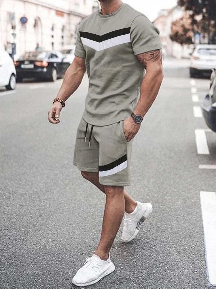 T-shirt a maniche corte con stampa a righe da uomo estiva Pantaloncini in vita elastica Set da 2 pezzi Set di pantaloncini con tasche T-shirt allentata con o-collo taglie forti