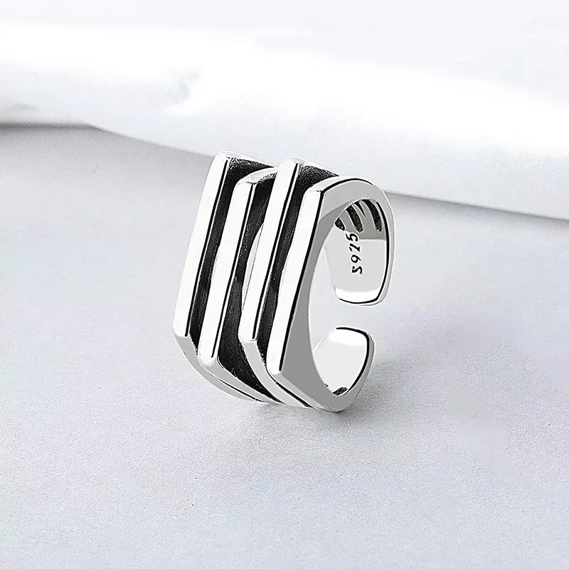PANJBJ 925 anelli in pietra nera geometrica in argento sterling per le donne ragazza coreana semplice regolabile coppia gioielli Dropshipping