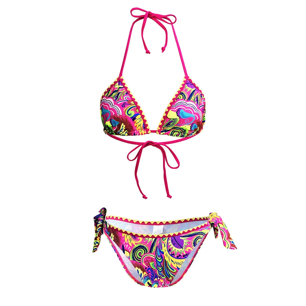 Costume da Bagno Bikini Sexy e Confortevole con Stampa Tropicale, Modello a Tre Punti per Donna, in Tessuto di Poliestere con Imbottitura Senza Supporto in Metallo