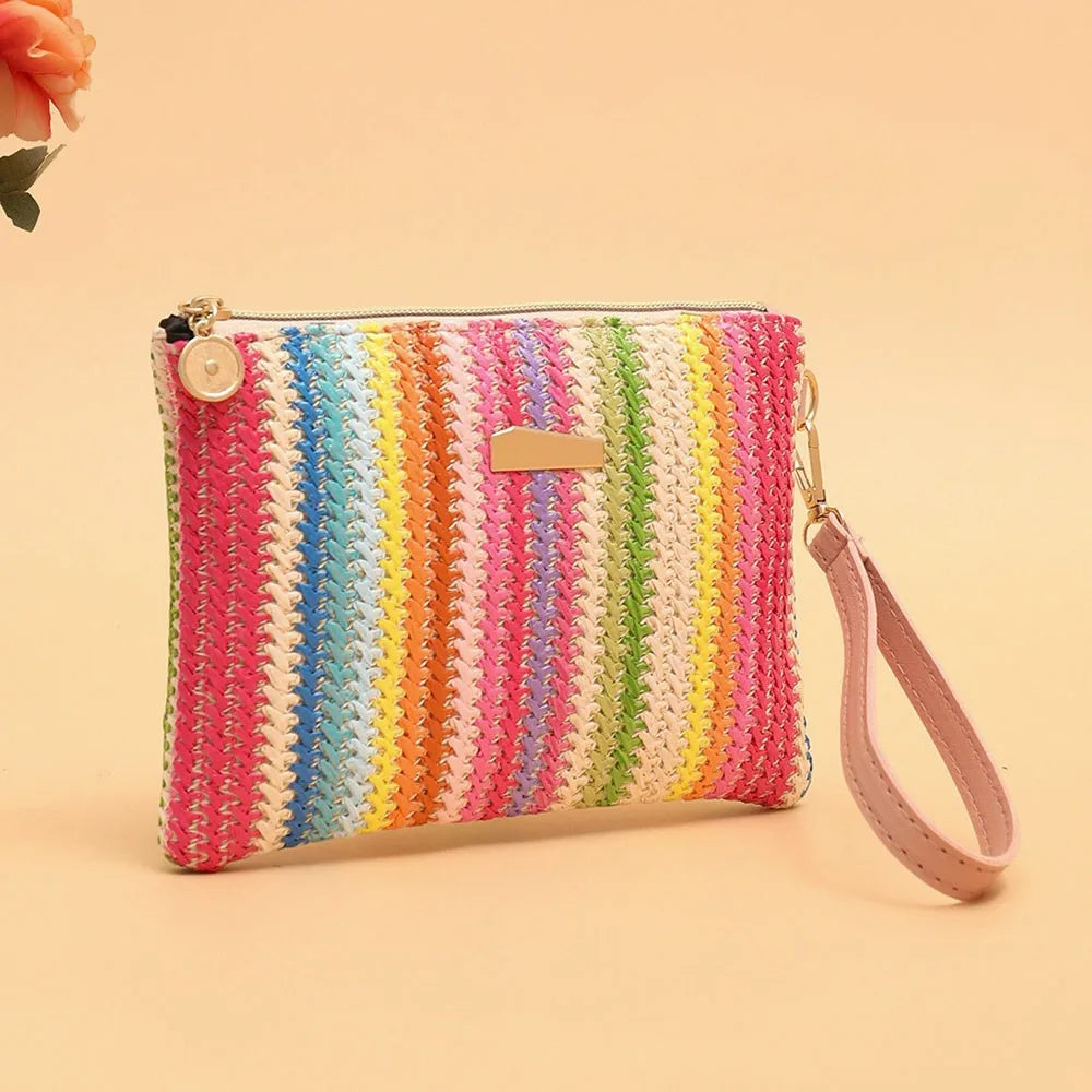 Borsa Intrecciata in Paglia Colorata alla Moda, Stile Retrò Bohémien, Portamonete da Polso