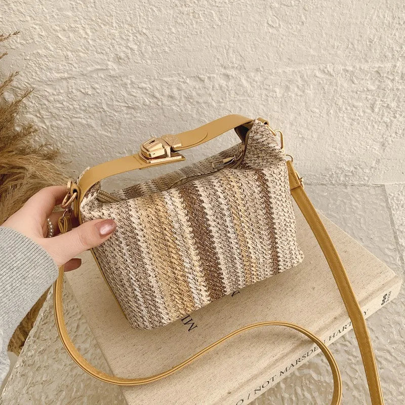 Borsa a tracolla a tracolla in tessuto colorato, borsa a tracolla da donna in stile etnico con griglia di colore a contrasto arcobaleno, pochette in paglia di rafia Boho