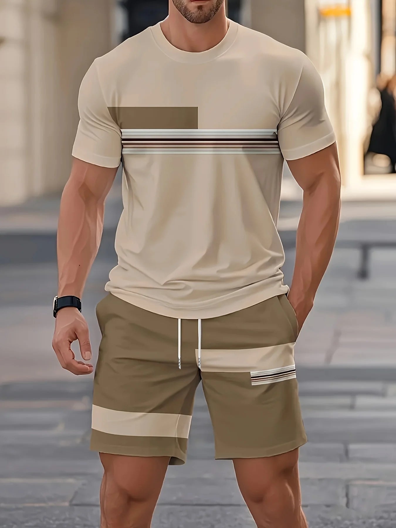 Nuovo arrivo estivo, completo casual da uomo in due pezzi, camicia a maniche corte con stampa a righe e pantaloncini sportivi, set fitness da uomo