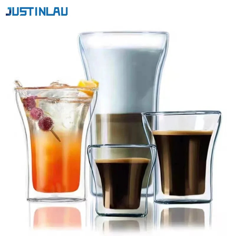 JUSTINLAU 1/2/4 Pezzi Tazza da Caffè in Vetro a Doppia Parete, Bicchiere Trasparente Termoisolante per Acqua, Tazza per Colazione, Bicchiere per Bevande Fredde, Boccale da Birra