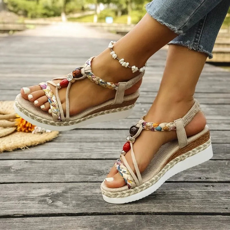 Nuovi Sandali Estivi con Zeppa per Donna, Punta Aperta, Stile Bohémien, Leggeri, Comodi, con Fascia Elastica, Sandali con Tacco Alto e Piattaforma