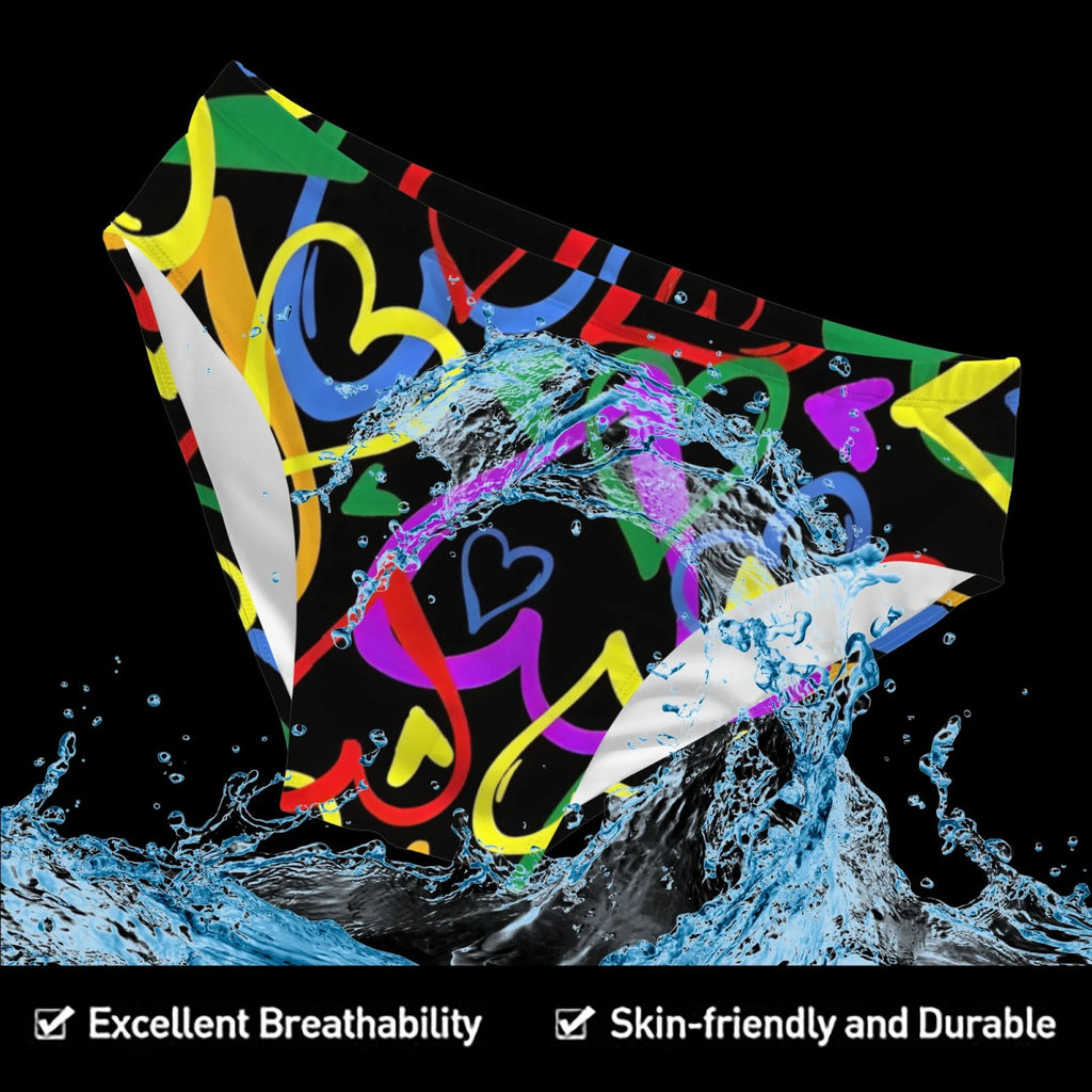 Costume da bagno da uomo con stampa graffiti a cuore arcobaleno, tocco vivace e audace, comodo, delicato sulla pelle, slip traspiranti ad asciugatura rapida