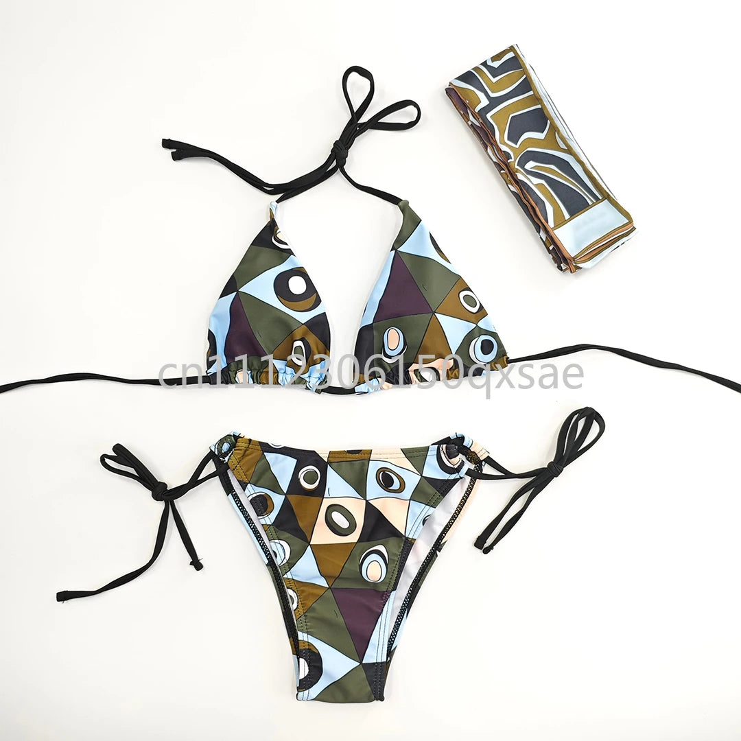 Costumi da bagno da donna rosa con foulard e logo a lettere, set bikini con foulard e fascia per capelli, abbigliamento da spiaggia
