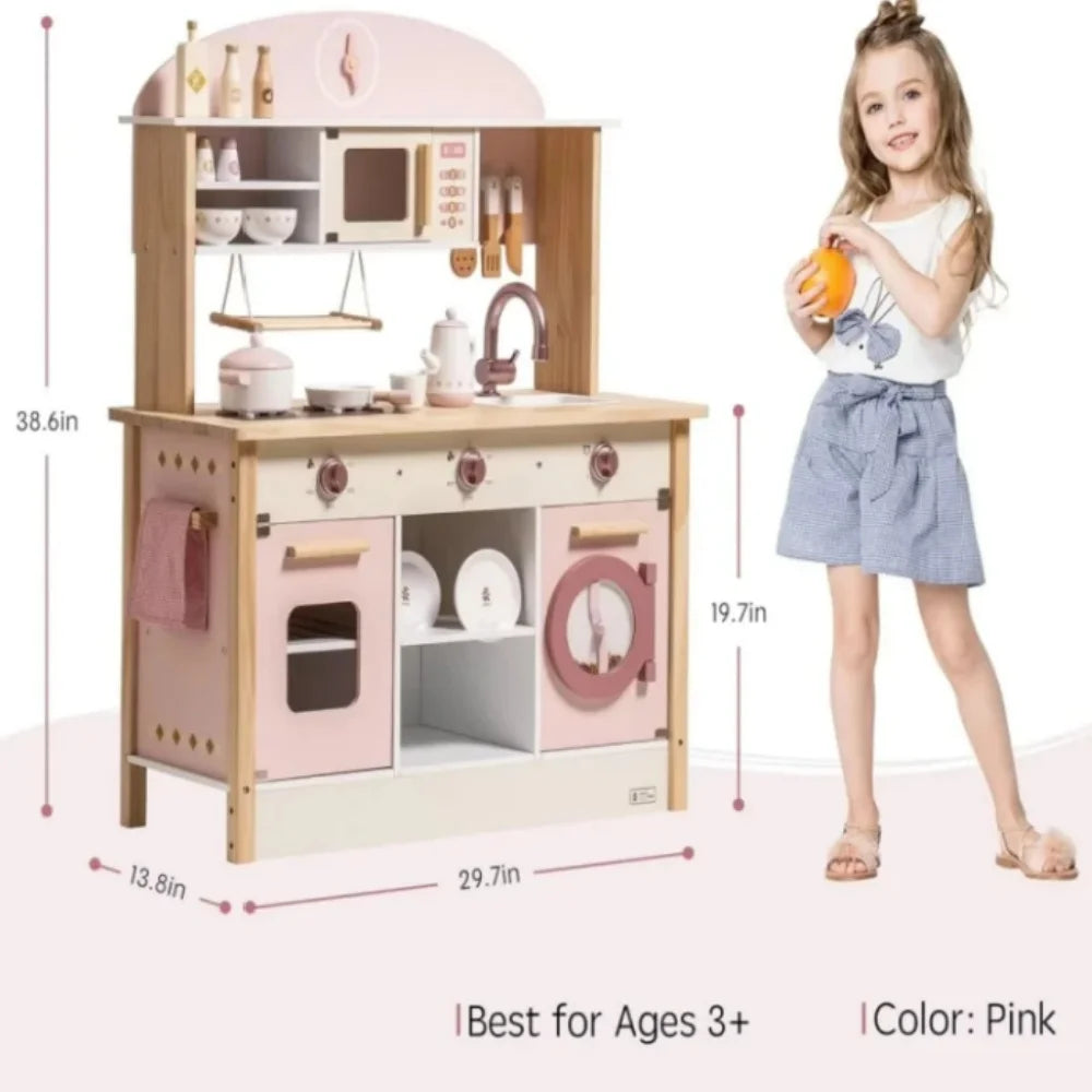 Robotime Robud Set da gioco da cucina ad angolo per bambini Set da cucina in legno con suono realistico Fai finta di giocare regalo per ragazzi e ragazze Rosa