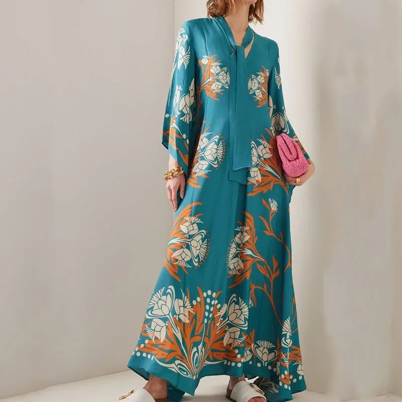 Elegante Abito Lungo a Maniche Lunghe per Feste, Vestito Vintage con Stampa Floreale, Abito Bohémien da Donna con Collo Alto e Vita Alta