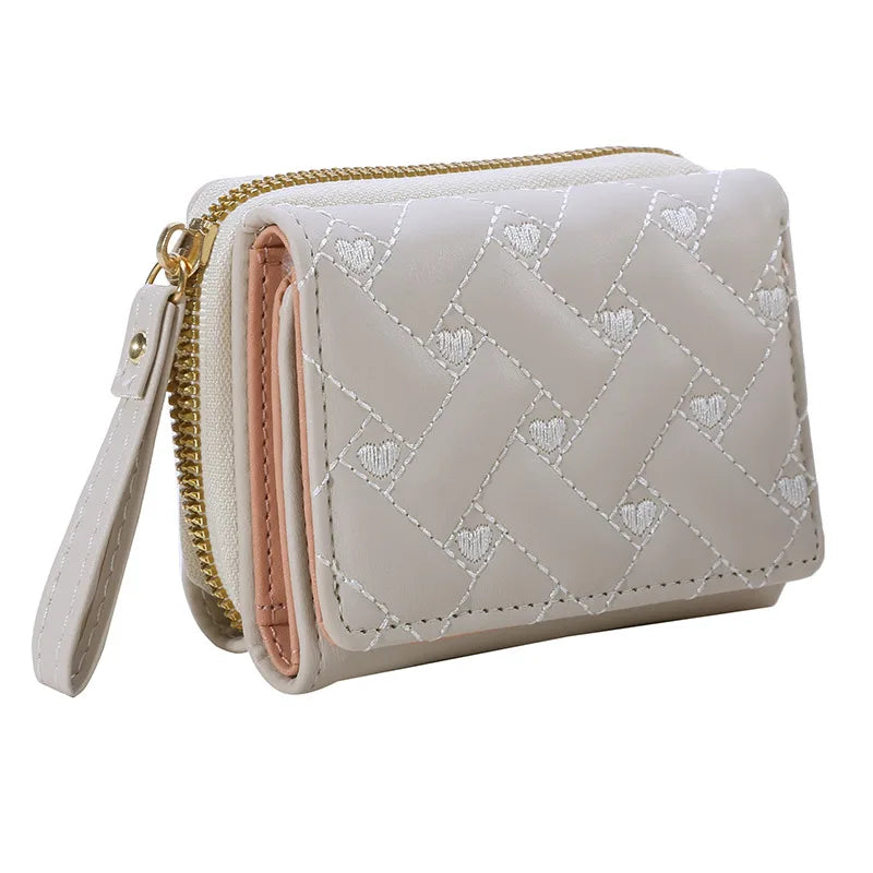 Portafoglio da donna per pelle PU moda ricamato amore tri-fold piccolo portafoglio porta carte portamonete multi-slot per carte interno rosa