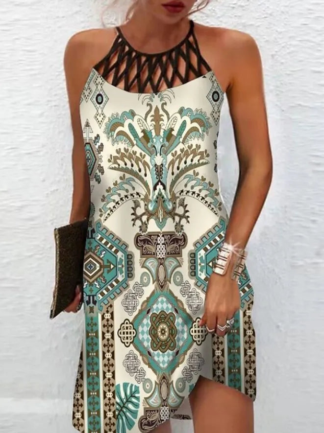 Abito Boho sexy per donna Mini abito da spiaggia Abito alla moda Donna Estate senza maniche Hollow Elegante abito da festa Stampa Vestido 2023